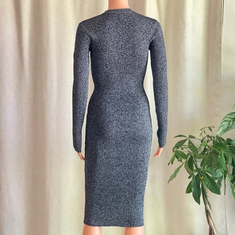 Metallic Silver Ribbed Bodycon Midi Dress Keyhole Ring Mock Neck Long Sleeve S - Picture 4 of 9